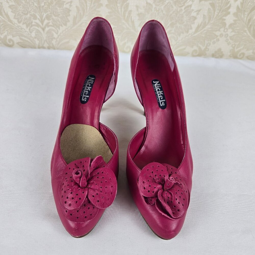 Vintage Nickles Size 8.5B Pink Leather D'Orsay Heels Leather Flower Accent Italy